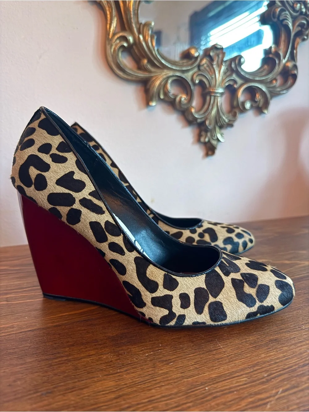 Leopard Print Calf Hair Wedge Pump with Red Heel